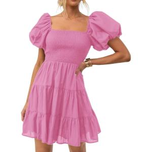 imageZESICA Womens Boho 2025 Summer Square Neck Puff Sleeve Off Shoulder Smocked Tiered Casual A Line Short Mini DressDustypink
