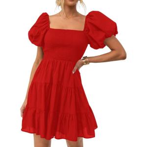 imageZESICA Womens Boho 2025 Summer Square Neck Puff Sleeve Off Shoulder Smocked Tiered Casual A Line Short Mini DressFirered