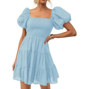 imageZESICA Womens Boho 2025 Summer Square Neck Puff Sleeve Off Shoulder Smocked Tiered Casual A Line Short Mini DressLightblue