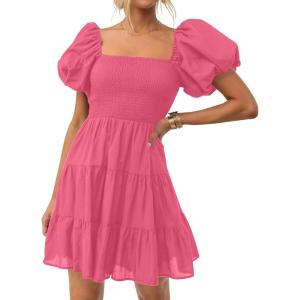 imageZESICA Womens Boho 2025 Summer Square Neck Puff Sleeve Off Shoulder Smocked Tiered Casual A Line Short Mini DressPink