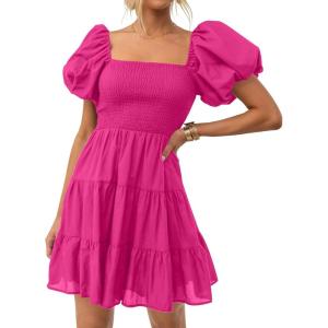 imageZESICA Womens Boho 2025 Summer Square Neck Puff Sleeve Off Shoulder Smocked Tiered Casual A Line Short Mini DressRose