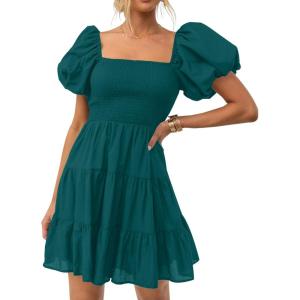 imageZESICA Womens Boho 2025 Summer Square Neck Puff Sleeve Off Shoulder Smocked Tiered Casual A Line Short Mini DressTeal