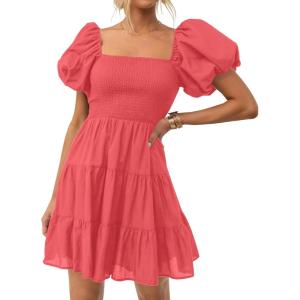 imageZESICA Womens Boho 2025 Summer Square Neck Puff Sleeve Off Shoulder Smocked Tiered Casual A Line Short Mini DressWatermelon