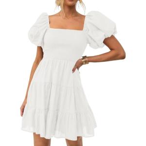 imageZESICA Womens Boho 2025 Summer Square Neck Puff Sleeve Off Shoulder Smocked Tiered Casual A Line Short Mini DressWhite