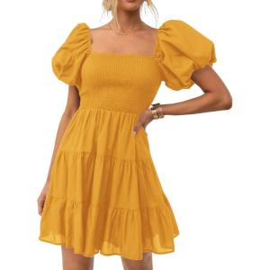 imageZESICA Womens Boho 2025 Summer Square Neck Puff Sleeve Off Shoulder Smocked Tiered Casual A Line Short Mini DressYellow