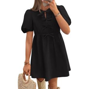 imageZESICA Womens Summer Short Sleeve Tie Front Mini Dress Cute Babydoll Ruffle Pleated A Line Tunic DressesBlack