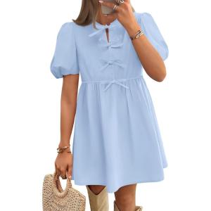 imageZESICA Womens Summer Short Sleeve Tie Front Mini Dress Cute Babydoll Ruffle Pleated A Line Tunic DressesBlue