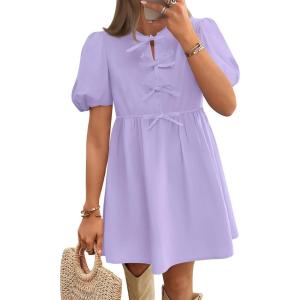 imageZESICA Womens Summer Short Sleeve Tie Front Mini Dress Cute Babydoll Ruffle Pleated A Line Tunic DressesLightpurple