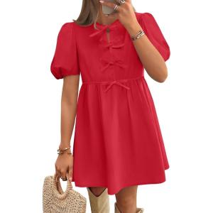 imageZESICA Womens Summer Short Sleeve Tie Front Mini Dress Cute Babydoll Ruffle Pleated A Line Tunic DressesRed