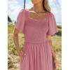 imageZESICA Womens 2025 Summer Casual Mini Dress Flutter Short Sleeve Square Neck Smocked Tiered Ruffle Flowy DressesPink