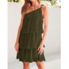imageZESICA Womens Boho Summer One Shoulder Sleeveless Ruffle Tiered Layered Chiffon Pleated A Line Flowy Mini DressArmygreen