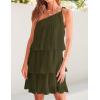 imageZESICA Womens Boho Summer One Shoulder Sleeveless Ruffle Tiered Layered Chiffon Pleated A Line Flowy Mini DressArmygreen