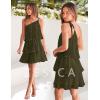imageZESICA Womens Boho Summer One Shoulder Sleeveless Ruffle Tiered Layered Chiffon Pleated A Line Flowy Mini DressArmygreen