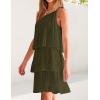 imageZESICA Womens Boho Summer One Shoulder Sleeveless Ruffle Tiered Layered Chiffon Pleated A Line Flowy Mini DressArmygreen