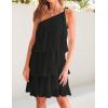 imageZESICA Womens Boho Summer One Shoulder Sleeveless Ruffle Tiered Layered Chiffon Pleated A Line Flowy Mini DressBlack
