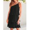 imageZESICA Womens Boho Summer One Shoulder Sleeveless Ruffle Tiered Layered Chiffon Pleated A Line Flowy Mini DressBlack