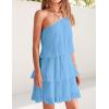 imageZESICA Womens Boho Summer One Shoulder Sleeveless Ruffle Tiered Layered Chiffon Pleated A Line Flowy Mini DressBlue