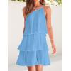 imageZESICA Womens Boho Summer One Shoulder Sleeveless Ruffle Tiered Layered Chiffon Pleated A Line Flowy Mini DressBlue