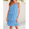 imageZESICA Womens Boho Summer One Shoulder Sleeveless Ruffle Tiered Layered Chiffon Pleated A Line Flowy Mini DressBlue