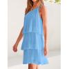 imageZESICA Womens Boho Summer One Shoulder Sleeveless Ruffle Tiered Layered Chiffon Pleated A Line Flowy Mini DressBlue