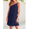 imageZESICA Womens Boho Summer One Shoulder Sleeveless Ruffle Tiered Layered Chiffon Pleated A Line Flowy Mini DressNavy