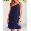 imageZESICA Womens Boho Summer One Shoulder Sleeveless Ruffle Tiered Layered Chiffon Pleated A Line Flowy Mini DressNavy