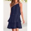 imageZESICA Womens Boho Summer One Shoulder Sleeveless Ruffle Tiered Layered Chiffon Pleated A Line Flowy Mini DressNavy