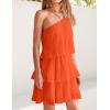 imageZESICA Womens Boho Summer One Shoulder Sleeveless Ruffle Tiered Layered Chiffon Pleated A Line Flowy Mini DressOrange