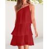 imageZESICA Womens Boho Summer One Shoulder Sleeveless Ruffle Tiered Layered Chiffon Pleated A Line Flowy Mini DressRed