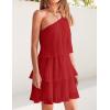 imageZESICA Womens Boho Summer One Shoulder Sleeveless Ruffle Tiered Layered Chiffon Pleated A Line Flowy Mini DressRed