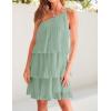 imageZESICA Womens Boho Summer One Shoulder Sleeveless Ruffle Tiered Layered Chiffon Pleated A Line Flowy Mini DressSage