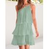 imageZESICA Womens Boho Summer One Shoulder Sleeveless Ruffle Tiered Layered Chiffon Pleated A Line Flowy Mini DressSage