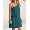 imageZESICA Womens Boho Summer One Shoulder Sleeveless Ruffle Tiered Layered Chiffon Pleated A Line Flowy Mini DressTeal