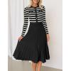 imageZESICA Womens Long Sleeve Striped Midi Dresses Crewneck Button Ribbed Knit Pleated A Line Swing Sweater DressBlack