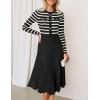 imageZESICA Womens Long Sleeve Striped Midi Dresses Crewneck Button Ribbed Knit Pleated A Line Swing Sweater DressBlack