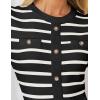 imageZESICA Womens Long Sleeve Striped Midi Dresses Crewneck Button Ribbed Knit Pleated A Line Swing Sweater DressBlack