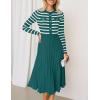 imageZESICA Womens Long Sleeve Striped Midi Dresses Crewneck Button Ribbed Knit Pleated A Line Swing Sweater DressDark Green