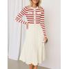 imageZESICA Womens Long Sleeve Striped Midi Dresses Crewneck Button Ribbed Knit Pleated A Line Swing Sweater DressRed