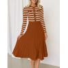 imageZESICA Womens Long Sleeve Striped Midi Dresses Crewneck Button Ribbed Knit Pleated A Line Swing Sweater DressRust