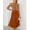 imageZESICA Womens Long Sleeve Striped Midi Dresses Crewneck Button Ribbed Knit Pleated A Line Swing Sweater DressRust