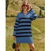 imageZESICA Womens Striped Sweater Dress Spring Long Sleeve V Neck Collar Loose Knit Mini DressesDusty Blue