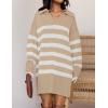 imageZESICA Womens Striped Sweater Dress Spring Long Sleeve V Neck Collar Loose Knit Mini DressesKhaki