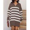imageZESICA Womens Striped Sweater Dress Spring Long Sleeve V Neck Collar Loose Knit Mini DressesMocha