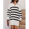 imageZESICA Womens Striped Sweater Dress Spring Long Sleeve V Neck Collar Loose Knit Mini DressesWhite
