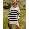 imageZESICA Womens Striped Sweater Dress Spring Long Sleeve V Neck Collar Loose Knit Mini DressesWhite