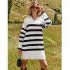 imageZESICA Womens Striped Sweater Dress Spring Long Sleeve V Neck Collar Loose Knit Mini DressesWhite