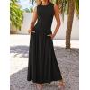 imageZESICA Womens Summer Sleeveless Maxi Dress 2025 Casual Crewneck Pleated Flowy Long Dress with PocketsBlack