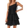 imageZESICA Womens Boho Summer One Shoulder Sleeveless Ruffle Tiered Layered Chiffon Pleated A Line Flowy Mini DressBlack