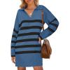 imageZESICA Womens Striped Sweater Dress Spring Long Sleeve V Neck Collar Loose Knit Mini DressesDusty Blue
