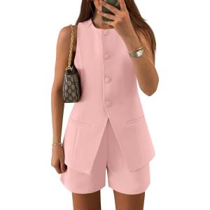 imageZESICA Womens 2025 Summer 2 Piece Short Sets Sleeveless Crew Neck Suit Vest Tops High Waist Shorts Business OutfitsPink